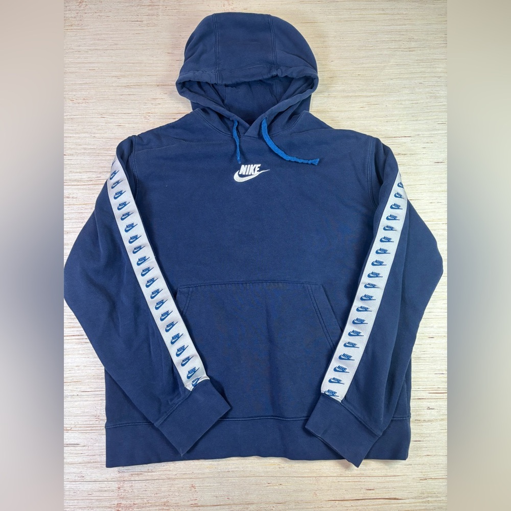 Nike Navy Blue Hoodie with Logo Tape Sleeves | Men’s Medium